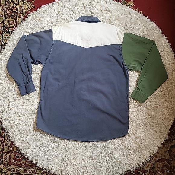 Vintage Western Plains Snap Button Shirt Front Long Sleeve Shirt Blue Green - Picture 12 of 16